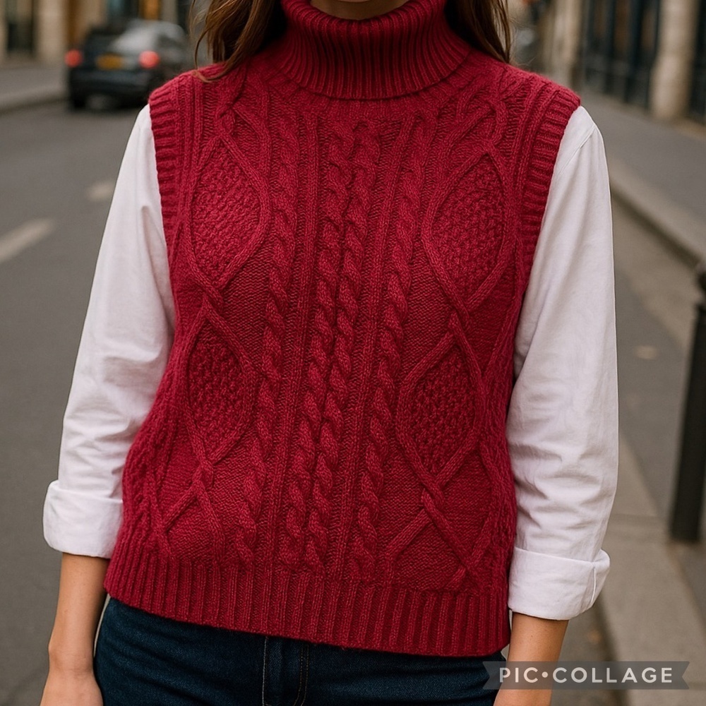 She + Sky Mock Neck Sleeveless Drop Shoulder Cable Sweater Vest Burgundy Size L